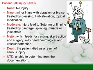 Patient Fall Injury Levels
• None: No injury.
• Minor: minor injury with abrasion or bruise
treated by dressing, limb elevation, topical
medication.
• Moderate: injury lead to Suturing or limping
treated by bandage, splinting, muscle or
joint strain.
• Major: which leads for casting, skin traction
and surgery, may need neurological and
vascular attention.
• Death: the patient died as a result of
serious injury.
• UTD: unable to determine from the
documentation .
 