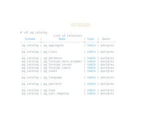 VIA CATÁLOGO
# dt pg_catalog.
List of relations
Schema | Name | Type | Owner
------------+-------------------------+-------+----------
pg_catalog | pg_aggregate | table | postgres
...
pg_catalog | pg_class | table | postgres
...
pg_catalog | pg_database | table | postgres
pg_catalog | pg_foreign_data_wrapper | table | postgres
pg_catalog | pg_foreign_server | table | postgres
pg_catalog | pg_foreign_table | table | postgres
pg_catalog | pg_index | table | postgres
...
pg_catalog | pg_language | table | postgres
...
pg_catalog | pg_operator | table | postgres
...
pg_catalog | pg_type | table | postgres
pg_catalog | pg_user_mapping | table | postgres
 