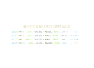 DOIS REGISTROS SENDO COMPARADOS!
SELECT ROW(10, 'JOAO', 1500.50) = ROW(10, 'JOAO', 1500.50); => true
SELECT ROW(10, 'JOAO', 1500.50) > ROW(9, 'PEDRO', 500.50); => true
SELECT ROW(1, 'MARIA', 1000.10) > ROW(1, 'MARIA', 1000.11); => false
SELECT ROW(100, 'JOANA', 10.60) < ROW(100, 'JOANA', NULL); => ?????
 
