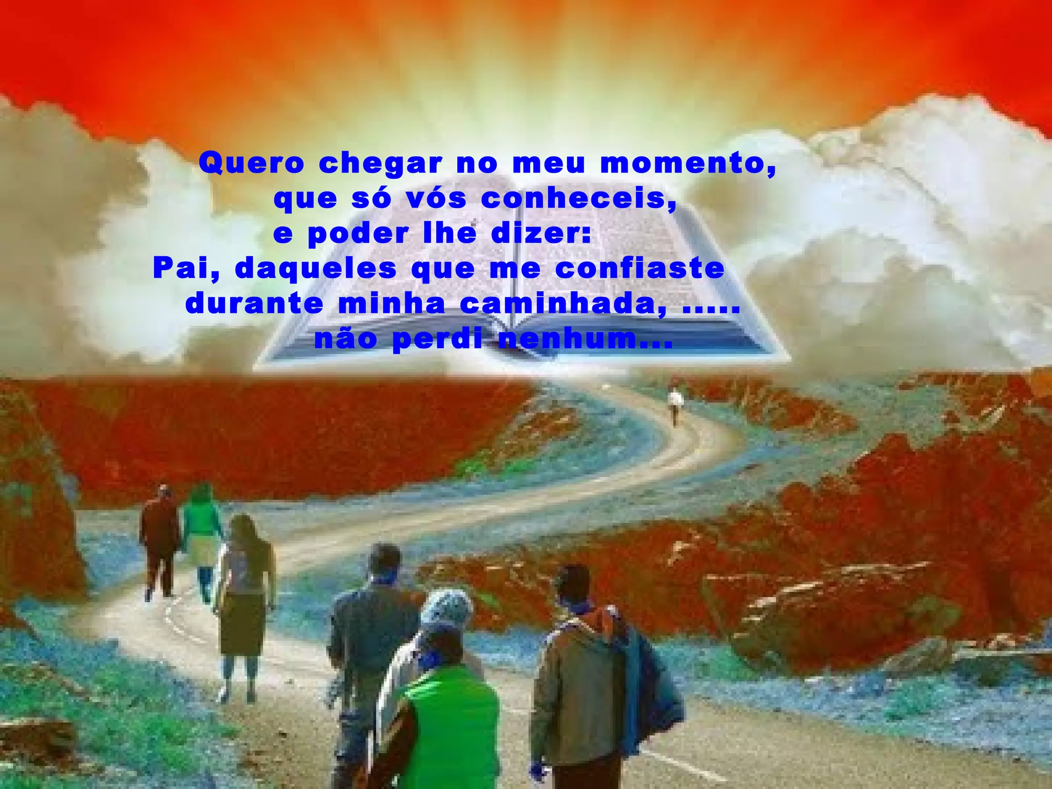 Quero chegar no meu momento, que só vós conheceis, e poder lhe dizer: Pai, daqueles que me confiaste durante minha caminhada, ..... não perdi nenhum...