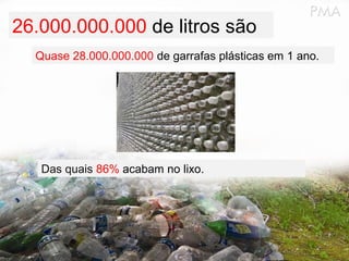 26.000.000.000 de litros são
Quase 28.000.000.000 de garrafas plásticas em 1 ano.

Das quais 86% acabam no lixo.

 