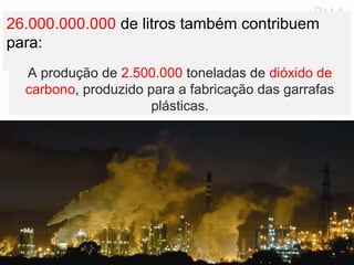 26.000.000.000 de litros também contribuem
para:
A produção de 2.500.000 toneladas de dióxido de
carbono, produzido para a fabricação das garrafas
plásticas.

 