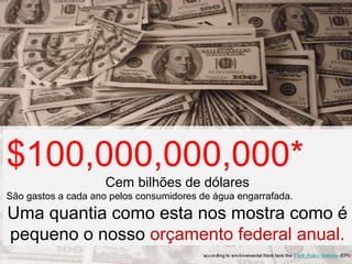 $100,000,000,000*
Cem bilhões de dólares
São gastos a cada ano pelos consumidores de água engarrafada.
Uma quantia como esta nos mostra como é
pequeno o nosso orçamento federal anual.
 