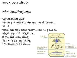 Como ler o rótulo

Informações freqüentes

•variedade da uva
•região produtora ou designação da origem
•safra
•condições tais como reserva, reserva pessoal,
seleção especial, seleção de
barril, indicam uma
distinção de qualidade.
•teor alcoólico do vinho
 