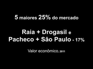 5 maiores 25% do mercado

    Raia + Drogasil e
Pacheco + Sâo Paulo - 17%
      Valor econômico, 2011
 