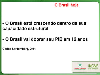 O Brasil hoje



- O Brasil está crescendo dentro da sua
capacidade estrutural

- O Brasil vai dobrar seu PIB em 12 anos

Carlos Sardemberg, 2011
 