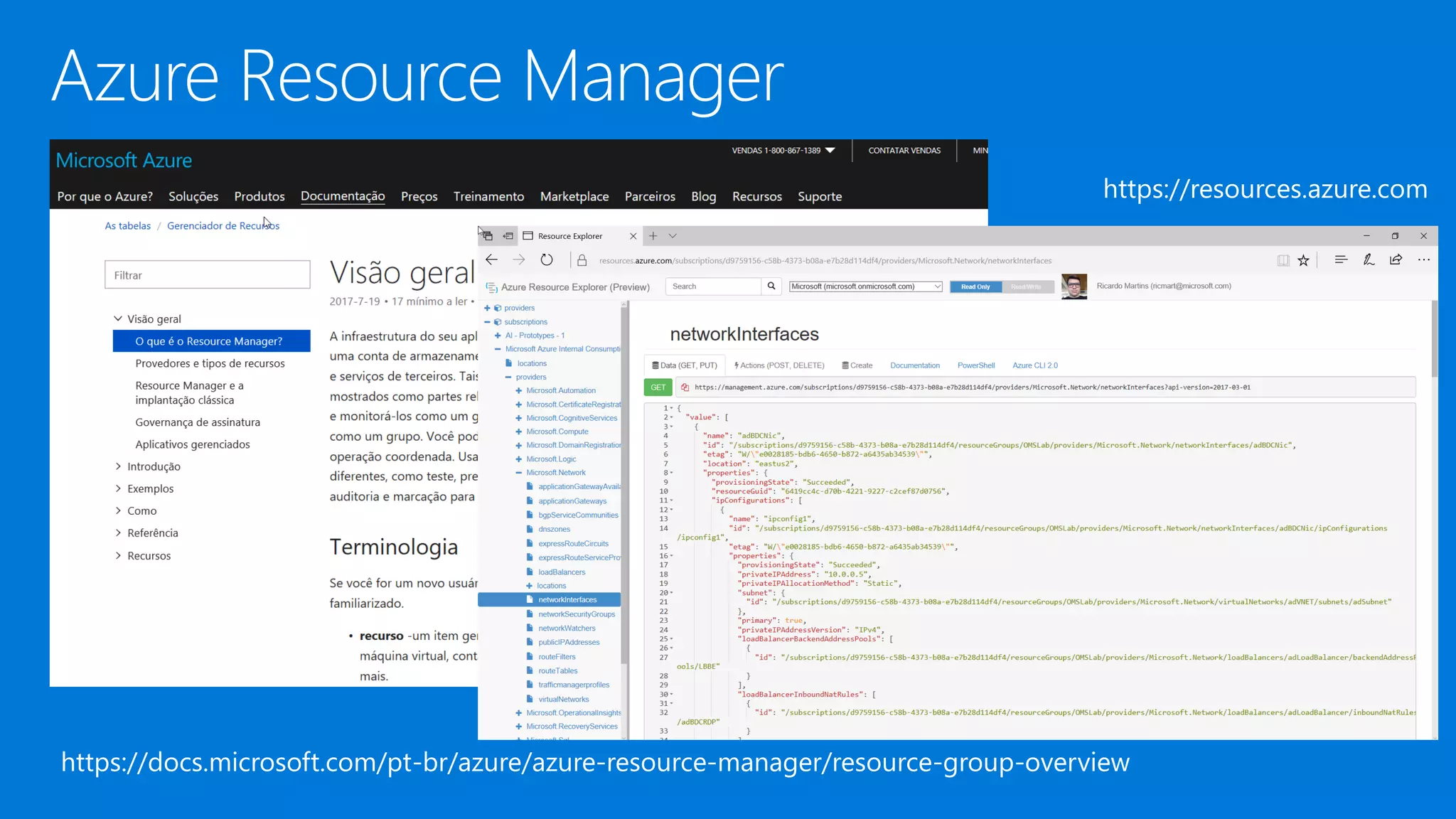 Azure Resource Manager
https://docs.microsoft.com/pt-br/azure/azure-resource-manager/resource-group-overview
https://resources.azure.com
 