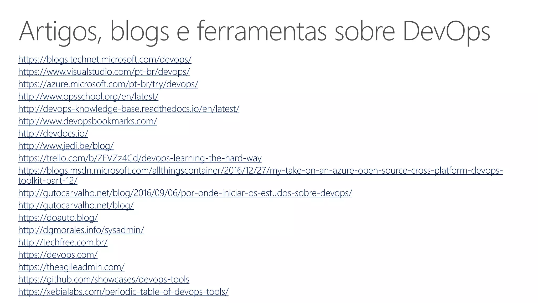Artigos, blogs e ferramentas sobre DevOps
https://blogs.technet.microsoft.com/devops/
https://www.visualstudio.com/pt-br/devops/
https://azure.microsoft.com/pt-br/try/devops/
http://www.opsschool.org/en/latest/
http://devops-knowledge-base.readthedocs.io/en/latest/
http://www.devopsbookmarks.com/
http://devdocs.io/
http://www.jedi.be/blog/
https://trello.com/b/ZFVZz4Cd/devops-learning-the-hard-way
https://blogs.msdn.microsoft.com/allthingscontainer/2016/12/27/my-take-on-an-azure-open-source-cross-platform-devops-
toolkit-part-12/
http://gutocarvalho.net/blog/2016/09/06/por-onde-iniciar-os-estudos-sobre-devops/
http://gutocarvalho.net/blog/
https://doauto.blog/
http://dgmorales.info/sysadmin/
http://techfree.com.br/
https://devops.com/
https://theagileadmin.com/
https://github.com/showcases/devops-tools
https://xebialabs.com/periodic-table-of-devops-tools/
 