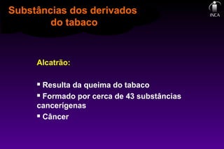 Alcatrão:
 Resulta da queima do tabaco
 Formado por cerca de 43 substâncias
cancerígenas
 Câncer
Substâncias dos derivados
do tabaco
 