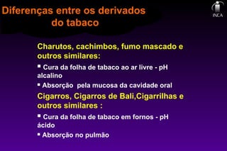 Charutos, cachimbos, fumo mascado e
outros similares:
 Cura da folha de tabaco ao ar livre - pH
alcalino
 Absorção pela mucosa da cavidade oral
Cigarros, Cigarros de Bali,Cigarrilhas e
outros similares :
 Cura da folha de tabaco em fornos - pH
ácido
 Absorção no pulmão
Diferenças entre os derivados
do tabaco
 