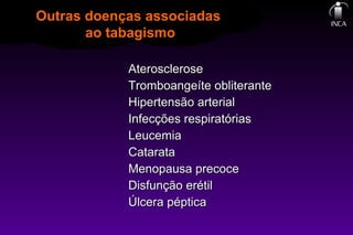 AteroscleroseAterosclerose
Tromboangeíte obliteranteTromboangeíte obliterante
Hipertensão arterialHipertensão arterial
Infecções respiratóriasInfecções respiratórias
LeucemiaLeucemia
CatarataCatarata
Menopausa precoceMenopausa precoce
Disfunção erétilDisfunção erétil
Úlcera pépticaÚlcera péptica
Outras doenças associadasOutras doenças associadas
ao tabagismoao tabagismo
 