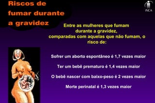 Entre as mulheres que fumam
durante a gravidez,
comparadas com aquelas que não fumam, o
risco de:
Sofrer um aborto espontâneo é 1,7 vezes maior
Ter um bebê prematuro é 1,4 vezes maior
O bebê nascer com baixo-peso é 2 vezes maior
Morte perinatal é 1,3 vezes maior
 