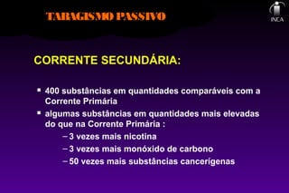 CORRENTE SECUNDÁRIA:
 400 substâncias em quantidades comparáveis com a
Corrente Primária
 algumas substâncias em quantidades mais elevadas
do que na Corrente Primária :
– 3 vezes mais nicotina
– 3 vezes mais monóxido de carbono
– 50 vezes mais substâncias cancerígenas
TABAGISMOPASSIVO
 