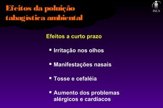 Efeitos a curto prazo
 Irritação nos olhos
 Manifestações nasais
 Tosse e cefaléia
 Aumento dos problemas
alérgicos e cardíacos
Efeitos da poluição
tabagística ambiental
 