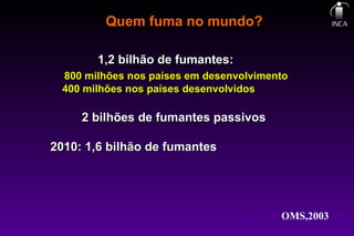 Fonte: OM OMS,2003 S/1998
Quem fuma no mundo?Quem fuma no mundo?
1,2 bilhão de fumantes:1,2 bilhão de fumantes:
800 milhões nos países em desenvolvimento800 milhões nos países em desenvolvimento
400 milhões nos países desenvolvidos400 milhões nos países desenvolvidos
2 bilhões de fumantes passivos2 bilhões de fumantes passivos
2010: 1,6 bilhão de fumantes2010: 1,6 bilhão de fumantes
 