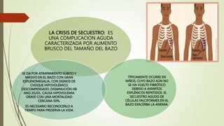 LA CRISIS DE SECUESTRO: ES
UNA COMPLICACION AGUDA
CARACTERIZADA POR AUMENTO
BRUSCO DEL TAMAÑO DEL BAZO
TÍPICAMENTE OCURRE EN
NIÑOS, CUYO BAZO AÚN NO
SE HA VUELTO FIBRÓTICO
DEBIDO A INFARTOS
ESPLÉNICOS REPETIDOS. EL
SECUESTRO AGUDO DE
CÉLULAS FALCIFORMES EN EL
BAZO EXACERBA LA ANEMIA.
SE DA POR ATRAPAMIENTO SÚBITO Y
MASIVO EN EL BAZO CON GRAN
ESPLENOMEGALIA, CON SIGNOS DE
CHOQUE HIPOVOLÉMICO
DESCOMPENSADO. DISMINUCIÓN HB
MAS 2G/DL. CAUSA HIPOVOLEMIA
GRAVE CON UNA MORTALIDAD
CERCANA 50%.
ES NECESARIO RECONOCERLO A
TIEMPO PARA PRESERVA LA VIDA.
 