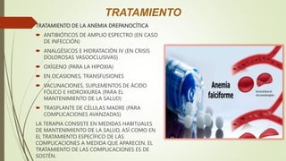 TRATAMIENTO
TRATAMIENTO DE LA ANEMIA DREPANOCÍTICA
 ANTIBIÓTICOS DE AMPLIO ESPECTRO (EN CASO
DE INFECCIÓN)
 ANALGÉSICOS E HIDRATACIÓN IV (EN CRISIS
DOLOROSAS VASOOCLUSIVAS)
 OXÍGENO (PARA LA HIPOXIA)
 EN OCASIONES, TRANSFUSIONES
 VACUNACIONES, SUPLEMENTOS DE ÁCIDO
FÓLICO E HIDROXIUREA (PARA EL
MANTENIMIENTO DE LA SALUD)
 TRASPLANTE DE CÉLULAS MADRE (PARA
COMPLICACIONES AVANZADAS)
LA TERAPIA CONSISTE EN MEDIDAS HABITUALES
DE MANTENIMIENTO DE LA SALUD, ASÍ COMO EN
EL TRATAMIENTO ESPECÍFICO DE LAS
COMPLICACIONES A MEDIDA QUE APARECEN. EL
TRATAMIENTO DE LAS COMPLICACIONES ES DE
SOSTÉN.
 