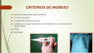 CRITERIOS DE INGRESO
 INFECCIÓN GRAVE (INCLUIDA SISTÉMICA)
 LA CRISIS APLÁSICA
 EL SÍNDROME TORÁCICO AGUDO
 A MENUDO EL DOLOR RESISTENTE AL TRATAMIENTO O LA NECESIDAD DE
TRANSFUSIÓN
 FIEBRE
 NEUMONIA
 