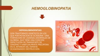 HEMOGLOBINOPATIAS:
SON TRASTORNOS GENETICOS EN LOS
QUE POR MUTACION SE OCASIONA UNA
FORMACION DE CADENAS ANORMALES DE
GLOBINA, QUE TIENE UNA FUNCION
DEFECTUOSA DE TRANSPORTE DE
OXIGENO Y HABITUALMENTE PRECIPITAN
EN EL INTERIOR DEL HEMATIE
OCASIONANDO DESTRUCCION.
HEMOGLOBINOPATIA
 