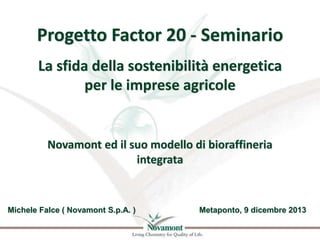 Progetto Factor 20 - Seminario
La sfida della sostenibilità energetica
per le imprese agricole

Novamont ed il suo modello di bioraffineria
integrata

Michele Falce ( Novamont S.p.A. )

Metaponto, 9 dicembre 2013

 