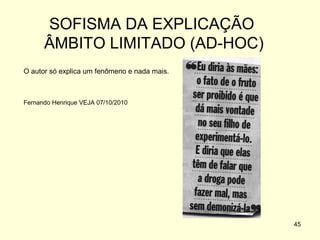 SOFISMA DA EXPLICAÇÃO
ÂMBITO LIMITADO (AD-HOC)
O autor só explica um fenômeno e nada mais.

Fernando Henrique VEJA 07/10/2010

45

 