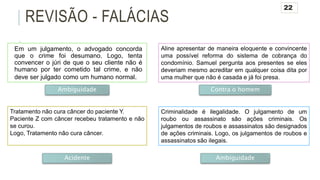 REVISÃO - FALÁCIAS
Aline apresentar de maneira eloquente e convincente
uma possível reforma do sistema de cobrança do
condomínio. Samuel pergunta aos presentes se eles
deveriam mesmo acreditar em qualquer coisa dita por
uma mulher que não é casada e já foi presa.
Tratamento não cura câncer do paciente Y.
Paciente Z com câncer recebeu tratamento e não
se curou.
Logo, Tratamento não cura câncer.
Acidente
Contra o homemAmbiguidade
Em um julgamento, o advogado concorda
que o crime foi desumano. Logo, tenta
convencer o júri de que o seu cliente não é
humano por ter cometido tal crime, e não
deve ser julgado como um humano normal.
Ambiguidade
Criminalidade é ilegalidade. O julgamento de um
roubo ou assassinato são ações criminais. Os
julgamentos de roubos e assassinatos são designados
de ações criminais. Logo, os julgamentos de roubos e
assassinatos são ilegais.
22
 