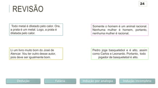 REVISÃO
Todo metal é dilatado pelo calor. Ora,
a prata é um metal. Logo, a prata é
dilatada pelo calor.
Somente o homem é um animal racional.
Nenhuma mulher é homem, portanto,
nenhuma mulher é racional.
Li um livro muito bom do José de
Alencar. Vou ler outro desse autor,
pois deve ser igualmente bom.
Pedro joga basquetebol e é alto, assim
como Carlos e Leonardo. Portanto, todo
jogador de basquetebol é alto.
Dedução Indução incompletaIndução por analogiaFalácia
24
 