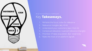 Recap: Future-proo
fi
ng your marketing plan
Key Takeaways.
1. Reframe the focus; solve for relevance


2. Relevance triangles (▵); HI>AI


3. Understand your customers; learn from AI


4. Contextual relevance; nuanced relevance triangles


5. Prioritize 1P data acquisition; B2C reciprocity


6. Make the most of on-platform signals
 