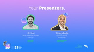 Your Presenters.
Matthew Strelitz


Digital Strategist


Miami HEAT
Kiril Kirov


Digital Marketing Manager


Falcon.io
@kiril-kirov


@FalconIO
@MatthewStrelitz


@MiamiHEAT
@Falcon.io


#FalconEd


#growwithsocial
 