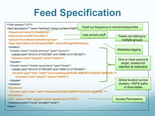 Feed Specification
<?xml version="1.0"?>
<feed description=“" name=”testFeed” xmlns="uri:falcon:feed:0.1">
<frequency>hours(1)</frequency>
<late-arrival cut-off="hours(6)”/>
<groups>churnAnalysisFeeds</groups>
<tags externalSource=TeradataEDW-1, externalTarget=Marketing>
<clusters>
<cluster name=”cluster-primary" type="source">
<validity start="2012-01-01T00:00Z" end="2099-12-31T00:00Z"/>
<retention limit="days(2)" action="delete"/>
</cluster>
<cluster name=”cluster-secondary" type="target">
<validity start="2012-01-01T00:00Z" end="2099-12-31T00:00Z"/>
<location type="data” path="/churn/weblogs/${YEAR}-${MONTH}-${DAY}-${HOUR} "/>
<retention limit=”days(7)" action="delete"/>
</cluster>
</clusters>
<locations>
<location type="data” path="/weblogs/${YEAR}-${MONTH}-${DAY}-${HOUR} "/>
</locations>
<ACL owner=”hdfs" group="users" permission="0755"/>
<schema location="/none" provider="none"/>
</feed>
Feed run frequency in mins/hrs/days/mths
Late arrival cutoff
Global location across
clusters - HDFS paths
or Hive tables
Feeds can belong to
multiple groups
One or more source &
target clusters for
retention & replication
Access Permissions
Metadata tagging
 