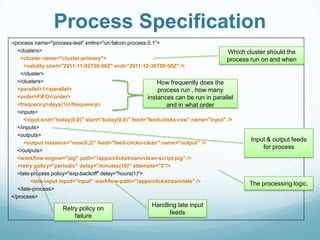 Process Specification
<process name="process-test" xmlns="uri:falcon:process:0.1”>
<clusters>
<cluster name="cluster-primary">
<validity start="2011-11-02T00:00Z" end="2011-12-30T00:00Z" />
</cluster>
</clusters>
<parallel>1</parallel>
<order>FIFO</order>
<frequency>days(1)</frequency>
<inputs>
<input end="today(0,0)" start="today(0,0)" feed="feed-clicks-raw" name="input" />
</inputs>
<outputs>
<output instance="now(0,2)" feed="feed-clicks-clean" name="output" />
</outputs>
<workflow engine="pig" path="/apps/clickstream/clean-script.pig" />
<retry policy="periodic" delay="minutes(10)" attempts="3"/>
<late-process policy="exp-backoff" delay="hours(1)">
<late-input input="input" workflow-path="/apps/clickstream/late" />
</late-process>
</process>
How frequently does the
process run , how many
instances can be run in parallel
and in what order
Which cluster should the
process run on and when
The processing logic.
Retry policy on
failure
Handling late input
feeds
Input & output feeds
for process
 