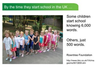 By the time they start school in the UK …

                                     Some children
                                     start school
                                     knowing 6,000
                                     words.

                                     Others, just
                                     500 words.

                                     Rowntree Foundation
                                     http://news.bbc.co.uk/1/hi/ma
                                     gazine/8013859.stm
 