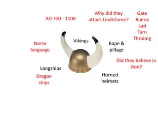 Why did they         Gate
      AD 700 - 1100         attack Lindisfarne?    Bairns
                                                    Lad
                                                    Tarn
                  Vikings                         Thriding
  Norse                              Rape &
language                             pillage

                                         Did they believe in
    Longships                                  God?
  Dragon                          Horned
   ships                          helmets
 