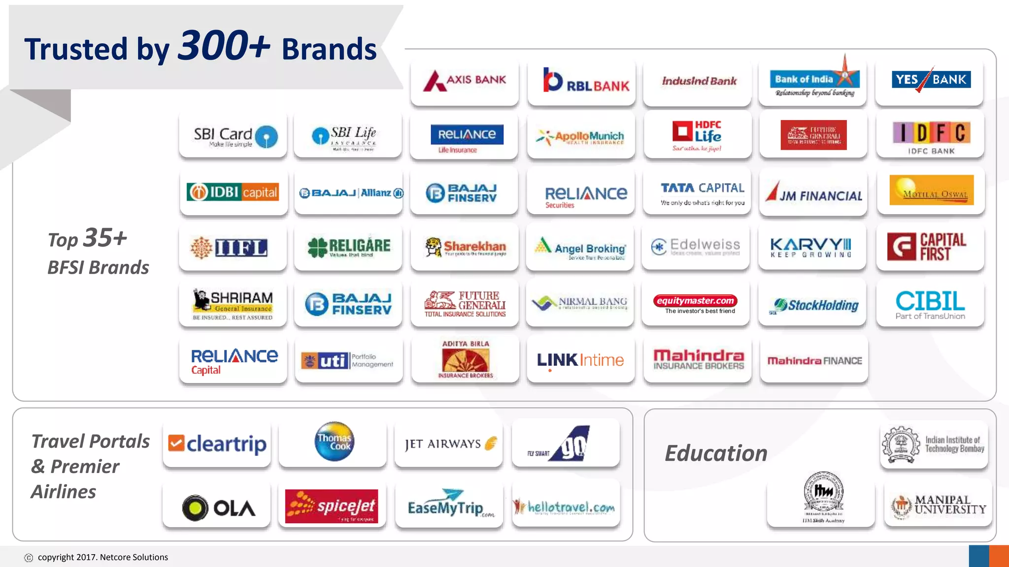 copyright 2017. Netcore Solutions
Top 35+
BFSI Brands
Trusted by 300+ Brands
Education
Travel Portals
& Premier
Airlines
 