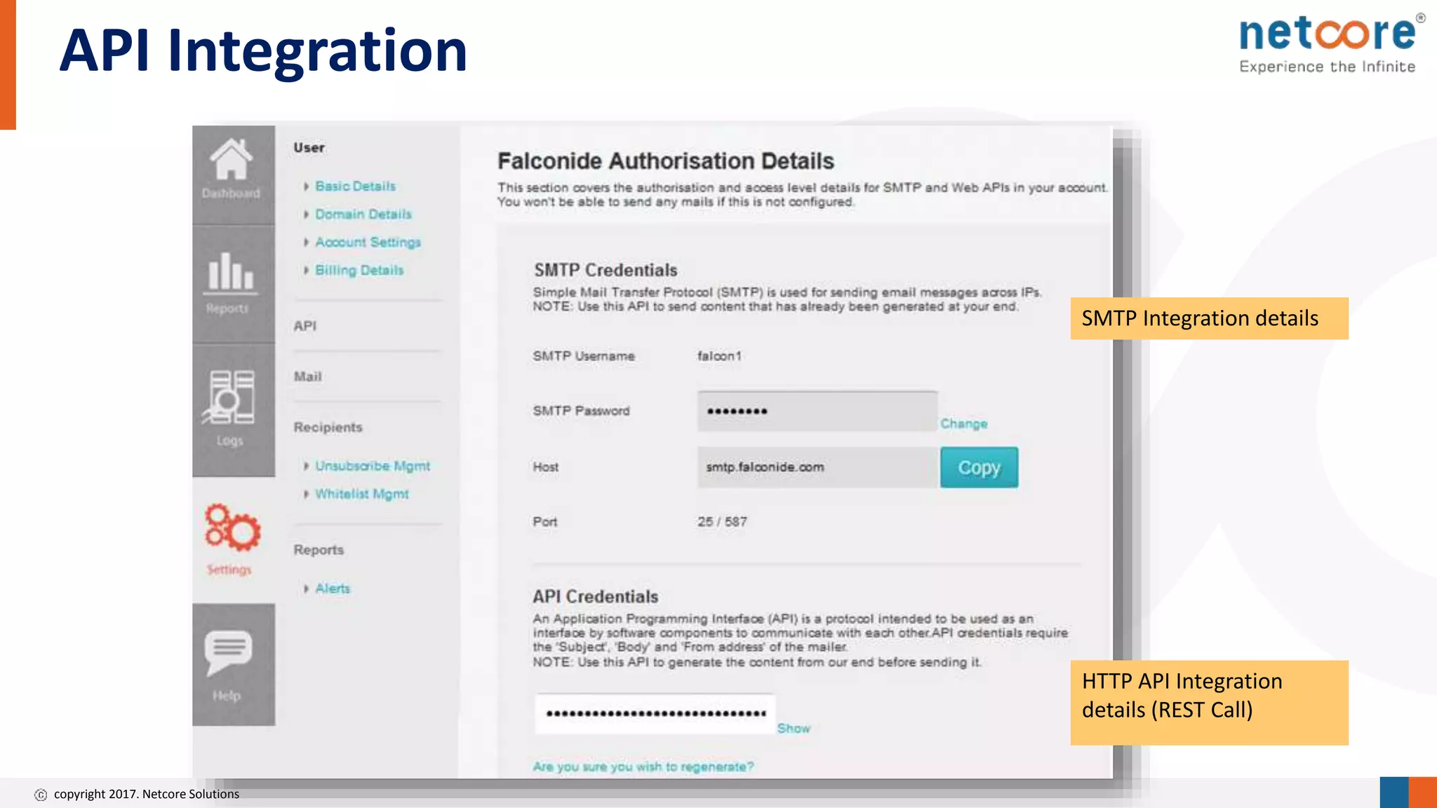 copyright 2017. Netcore Solutions
SMTP Integration details
HTTP API Integration
details (REST Call)
API Integration
 