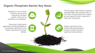 www.sertechexchange.com 4
Organic Phosphate Market Key Notes
The US organic food market is growing
at double digit rates annually (10% to
15%) with increase demand for organic
dry and liquid fertilizers required to
help meet this growth.
Organic agriculture/food
animal feed and hydroponic
markets markets provide a
significant sales premium.
Phosphate is one of three
primary crop nutrients
required for all plant
growth. There are no
substitutes for phosphate.
Falcon Isle’s high quality
organically certified phosphate is
an essential ingredient for the
Organic Agriculture Fertilizer
Market.
1
2 3
 