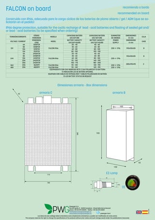 Rev.:2-2016
Los datos de este catálogo deben entenderse como simplemente orientativos y pueden ser modificados sin aviso previo.
The company reserves the right to change the specifications of its products without prior notice and such change would render the pubblications inaccurate.
recomienda a bordo
recommended on board
Dimesiones armario - Box dimensions
Construido con IP66, adecuado para la carga cíclica de las baterías de plomo abierto / gel / AGM (que se so-
licitarán en el pedido)
IP66 degree protection, suitable for the cyclic recharge of lead - acid batteries and floating of sealed gel and/
or lead - acid batteries (to be specified when ordering)
armario B
EZ-Lamp
(1)
40
26
16
Ø18
MODELO CAJA
VOLTAGE/CURRENT MODEL CASE
12V
6A 1206FCR
FALCONIP66
20–40 40–60
230+/-5% 193x130x55 B
8A 1208FCR 40–60 60–80
10A 1210FCR 60–80 80–100
12A 1212FCR 80–100 100–130
24V
6A 2406FCR
FALCONIP66
20–40 40–60
230+/-5%
193x130x55 B8A 2408FCR 40–60 60–80
10A 2410FCR 60–80 80–100
20A 2420FCR 110–140 140–190
280x190x95 C
25A 2425FCR 150–175 180–250
36V 20A 3620FP FALCONIP66 110–140 140–190 230+/-5%
48V 20A 4820FP FALCONIP66 110–140 140–190 230+/-5%
EQUIPAGGIATOCONCAVIINGRESSORETEECAVIPOLARIZZATIDIBATTERIA
(1)INDICACIÓNLEDDEBATERÍAOPCIONAL
EQUIPADOCONCABLESDEENTRADAREDYCABLESPOLARIZADOSDEBATERÍA
(1)LEDBATTERYSTATUSONREQUEST
TERNSIÓN/CORRIENTE
CÓDIGO
POWERGEN
CAPACIDADBATERÍA
(Ah)8/9ORE
CAPACIDADBATERÍA
(Ah)10/11ORE
SUMINISTRO
DEENERGÍA
DIMENSIONES
Enmm
POWERGEN
CODE
BATTERYCAPACITY
(Ah)8/9HOURS
BATTERYCAPACITY
(Ah)10/11HOURS
POWER
SUPPLY
DIMENSIONS
Inmm
130
55
193
105o o
280
190
110
95
FALCON on board
armario C
Powergen S.r.l.
Via XXV Aprile, 5 - 52010 Corsalone - Chiusi Della Verna (Arezzo)
phone +39 (0) 575 531015 - Telefax +39 (0) 575 511891
info@batterychargerpowergen.eu
www.batterychargerpowergen.eu powergen-borri
 