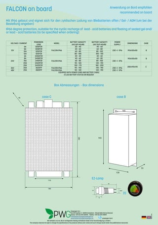 Rev.:2-2016
Wir behalten uns vor, die im vorliegenden Katalog enthaltenen Daten ohne Vorankündigung zu ändern.
The company reserves the right to change the specifications of its products without prior notice and such change would render the pubblications inaccurate.
Anwendung an Bord empfohlen
recommended on board
Box Abmessungen - Box dimensions
Mit IP66 gebaut und eignet sich für den zyklischen Ladung von Bleibatterien offen / Gel- / AGM (um bei der
Bestellung angeben)
IP66 degree protection, suitable for the cyclic recharge of lead - acid batteries and floating of sealed gel and/
or lead - acid batteries (to be specified when ordering)
case C case B
EZ-Lamp
(1)
40
26
16
Ø18
VOLTAGE/CURRENT MODEL DIMENSIONS CASE
12V
6A 1206FCR
FALCONIP66
20–40 40–60
230+/-5% 193x130x55 B
8A 1208FCR 40–60 60–80
10A 1210FCR 60–80 80–100
12A 1212FCR 80–100 100–130
24V
6A 2406FCR
FALCONIP66
20–40 40–60
230+/-5%
193x130x55 B8A 2408FCR 40–60 60–80
10A 2410FCR 60–80 80–100
20A 2420FCR 110–140 140–190
280x190x95 C
25A 2425FCR 150–175 180–250
36V 20A 3620FP FALCONIP66 110–140 140–190 230+/-5%
48V 20A 4820FP FALCONIP66 110–140 140–190 230+/-5%
EQUIPPEDWITHPOWERCORDANDBATTERYCABLE
(1)LEDBATTERYSTATUSONREQUEST
POWERGEN
CODE
BATTERYCAPACITY
(Ah)8/9HOURS
BATTERYCAPACITY
(Ah)10/11HOURS
POWER
SUPPLY
130
55
193
105o o
280
190
110
95
FALCON on board
Powergen S.r.l.
Via XXV Aprile, 5 - 52010 Corsalone - Chiusi Della Verna (Arezzo)
phone +39 (0) 575 531015 - Telefax +39 (0) 575 511891
info@batterychargerpowergen.eu
www.batterychargerpowergen.eu powergen-borri
 