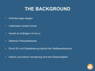 THE BACKGROUND
•   Anforderungen steigen


•   Lieferzeiten werden kürzer


•   Anzahl an Aufträgen nimmt zu


•   Stärkerer Preiswettbewerb


•   Durch EU und Globalisierung wächst der Wettbewerbsdruck


•   Interne und externe Vernetzung wird eine Notwendigkeit
 