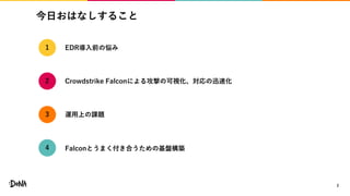 今日おはなしすること
2
EDR導入前の悩み
Crowdstrike Falconによる攻撃の可視化、対応の迅速化
運用上の課題
1
3
Falconとうまく付き合うための基盤構築4
2
 