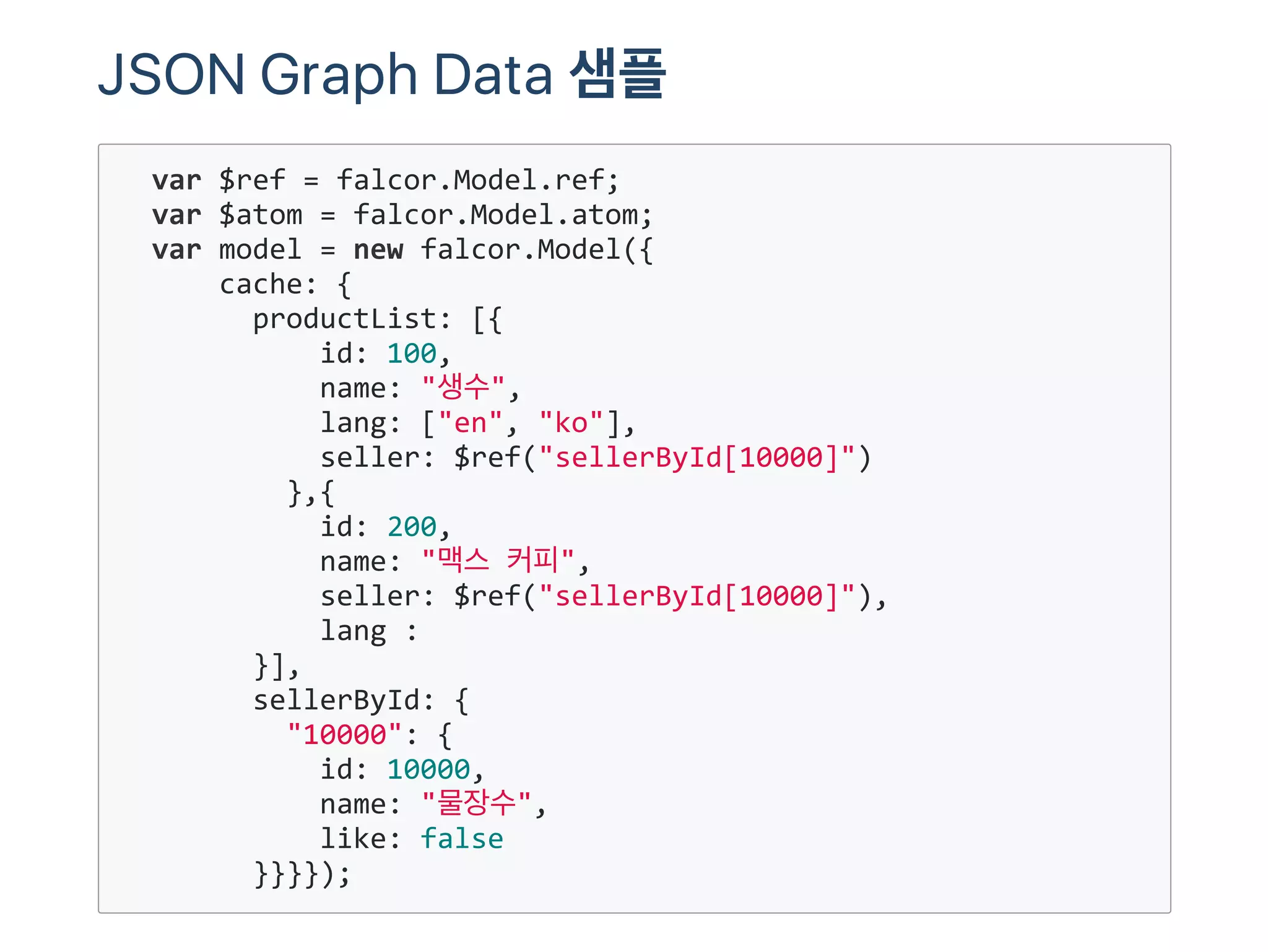 JSON Graph Data 샘플
  var $ref = falcor.Model.ref;
  var $atom = falcor.Model.atom;
  var model = new falcor.Model({
      cache: {
        productList: [{
            id: 100,
            name: "생수",
            lang: ["en", "ko"],
            seller: $ref("sellerById[10000]")
          },{
            id: 200,
            name: "맥스 커피",
            seller: $ref("sellerById[10000]"),
            lang : 
        }],
        sellerById: {
          "10000": {
            id: 10000,
            name: "물장수",
            like: false
        }}}});
 