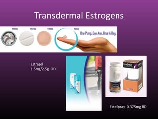 Transdermal Estrogens
Estragel
1.5mg/2.5g OD
EstaSpray 0.375mg BD
 