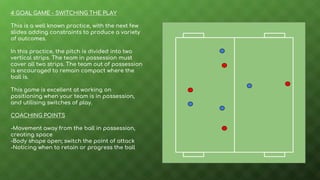 4 GOAL GAME - SWITCHING THE PLAY
This is a well known practice, with the next few
slides adding constraints to produce a variety
of outcomes.
In this practice, the pitch is divided into two
vertical strips. The team in possession must
cover all two strips. The team out of possession
is encouraged to remain compact where the
ball is.
This game is excellent at working on
positioning when your team is in possession,
and utilising switches of play.
COACHING POINTS
-Movement away from the ball in possession,
creating space
-Body shape open; switch the point of attack
-Noticing when to retain or progress the ball
 