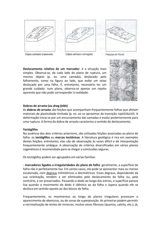 Deslocamento relativo de um marcador: é a situação mais
simples. Observa-se, de cada lado do plano de ruptura, um
mesmo objeto (p. ex. uma camada), deslocado pelo
falhamento, como na figura ao lado, que exibe um seixo
deslocado por uma falha. É, entretanto, necessário ter um
grande cuidado: num plano, observa-se apenas um rejeito
aparente que não pode corresponder à realidade.
Dobras de arrasto (ou drag folds)
As dobras de arrasto são feições que acompanham frequentemente falhas que afetam
materiais de plasticidade limitada (p. ex. ao se aproximar da transição rúptil/dúctil). A
deformação inicia-se por um encurvamento das camadas e evolui posteriormente para
uma ruptura. A forma da dobra de arrasto caracteriza o sentido do deslocamento.
Tectóglifos
Na ausência dos dois critérios anteriores, são utilizadas feições associadas ao plano de
falha: os tectóglifos ou marcas tectônicas. A literatura geológica é rica em exemplos
destas feições; entretanto, elas são de observação às vezes difícil e de interpretação
frequentemente ambígua. A observação de critérios diversificados em vários planos
cogenéticos é recomendada para se chegar a conclusões seguras.
Os tectóglifos podem ser agrupados em várias famílias:
- marcadores ligados a irregularidades do plano de falha: geralmente, a superfície de
falha não é perfeitamente lisa. Em certos casos, ela pode se apresentar mais ou menos
escalonada, com degraus milimétricos a decimétricos. Esses degraus, dependendo da
sua orientação, tendem a ser eliminados pelo deslocamento da falha ou, pelo
contrário, a ser preservados. Passando o dedo ao longo das estrias, a superfície parece
lisa quando o movimento do dedo é idêntico ao da falha e áspera quando ele se
desloca em sentido oposto ao dos blocos de falha.
Frequentemente, os movimentos ao longo de planos irregulares provocam o
aparecimento de aberturas, ou de zonas de superposição. As primeiras podem permitir
a recristalização de lentes de minerais, muitas vezes fibrosos (quartzo, calcita, etc.); já,
 