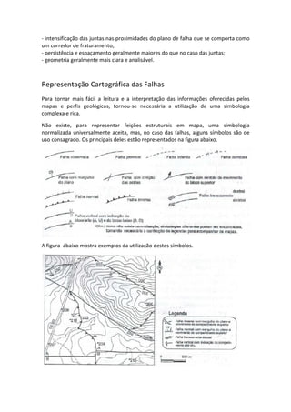 - intensificação das juntas nas proximidades do plano de falha que se comporta como
um corredor de fraturamento;
- persistência e espaçamento geralmente maiores do que no caso das juntas;
- geometria geralmente mais clara e analisável.
Representação Cartográfica das Falhas
Para tornar mais fácil a leitura e a interpretação das informações oferecidas pelos
mapas e perfis geológicos, tornou-se necessária a utilização de uma simbologia
complexa e rica.
Não existe, para representar feições estruturais em mapa, uma simbologia
normalizada universalmente aceita, mas, no caso das falhas, alguns símbolos são de
uso consagrado. Os principais deles estão representados na figura abaixo.
A figura abaixo mostra exemplos da utilização destes símbolos.
 