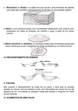 i) Monoclinal ou flexão: é a dobra em que se dá o encurvamento de apenas
uma parte das camadas, permanecendo as demais na sua posição original;

j) Domo: é uma estrutura ampla, com convexidade voltada para cima, onde as cam.
mergulham em todas as direções, de maneira ± igual, a partir de um centro
comum;

k) Bacia estrutural ou tectônica: é uma dobra ampla cuja convexidade aponta para
baixo, sendo que as cam. mergulham de todas as direções p/ um centro comum.

4.5 RECONHECIMENTO DE DOBRAS

5. FALHAS
São rupturas e deslocamentos ao longo de um plano, e pelo qual as paredes
opostas se movem uma em relação à outra, com dimensões que variam de mm até
dezenas de km. Sua atitude ou posição é dada pela direção e mergulho. Ex: Falha
de San Andreas

5.1 ELEMENTOS DE UMA FALHA

 