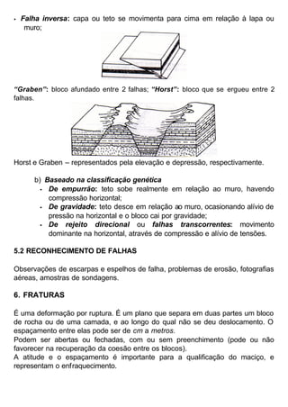 •

Falha inversa: capa ou teto se movimenta para cima em relação à lapa ou
muro;

“Graben”: bloco afundado entre 2 falhas; “Horst”: bloco que se ergueu entre 2
falhas.

Horst e Graben – representados pela elevação e depressão, respectivamente.
b) Baseado na classificação genética
• De empurrão: teto sobe realmente em relação ao muro, havendo
compressão horizontal;
• De gravidade: teto desce em relação ao muro, ocasionando alívio de
pressão na horizontal e o bloco cai por gravidade;
• De
rejeito direcional ou falhas transcorrentes: movimento
dominante na horizontal, através de compressão e alívio de tensões.
5.2 RECONHECIMENTO DE FALHAS
Observações de escarpas e espelhos de falha, problemas de erosão, fotografias
aéreas, amostras de sondagens.

6. FRATURAS
É uma deformação por ruptura. É um plano que separa em duas partes um bloco
de rocha ou de uma camada, e ao longo do qual não se deu deslocamento. O
espaçamento entre elas pode ser de cm a metros.
Podem ser abertas ou fechadas, com ou sem preenchimento (pode ou não
favorecer na recuperação da coesão entre os blocos).
A atitude e o espaçamento é importante para a qualificação do maciço, e
representam o enfraquecimento.

 