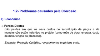 1.2- Problemas causados pela Corrosão
a) Econômico
 Perdas Diretas
São perdas em que os seus custos de substituição de peças e de
manutenção estão incluídos no projeto (como mão de obra, energia, custo
de manutenção do processo).
Exemplo: Proteção Catódica, revestimentos orgânicos e etc.
 