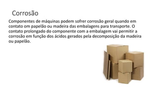Corrosão
Componentes de máquinas podem sofrer corrosão geral quando em
contato om papelão ou madeira das embalagens para transporte. O
contato prolongado do componente com a embalagem vai permitir a
corrosão em função dos ácidos gerados pela decomposição da madeira
ou papelão.
 