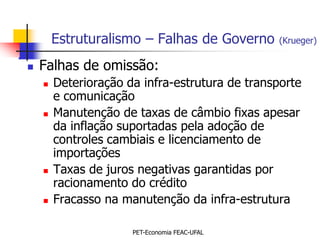 Estruturalismo – Falhas de Governo      (Krueger)

   Falhas de omissão:
       Deterioração da infra-estrutura de transporte
        e comunicação
       Manutenção de taxas de câmbio fixas apesar
        da inflação suportadas pela adoção de
        controles cambiais e licenciamento de
        importações
       Taxas de juros negativas garantidas por
        racionamento do crédito
       Fracasso na manutenção da infra-estrutura

                      PET-Economia FEAC-UFAL
 